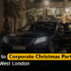 A luxury black chauffeured car parked on a festive London street at night, with professionally dressed people entering the vehicle. Aerial Cars logo appears on the left with the text “The Ultimate Guide to Corporate Christmas Party Transport in South West London.
