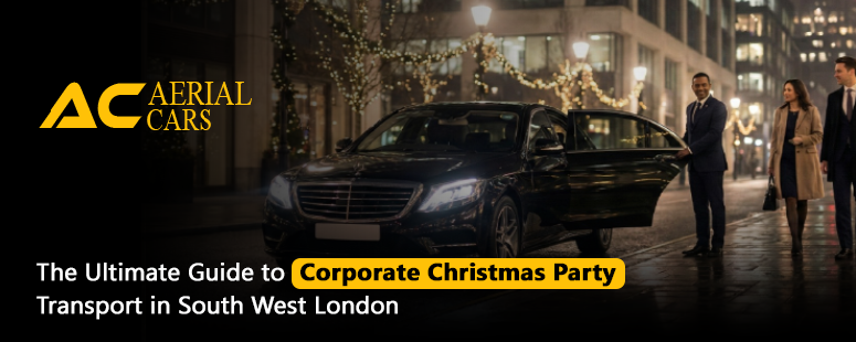 A luxury black chauffeured car parked on a festive London street at night, with professionally dressed people entering the vehicle. Aerial Cars logo appears on the left with the text “The Ultimate Guide to Corporate Christmas Party Transport in South West London.