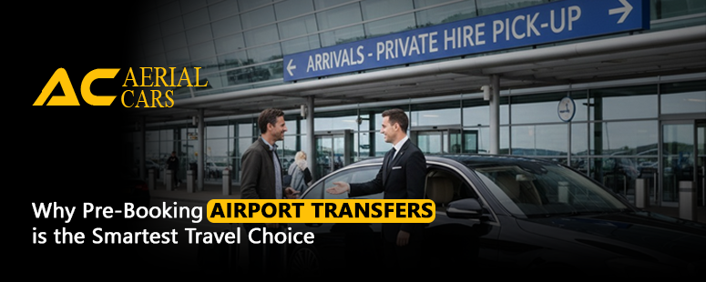 Two men standing outside an airport arrivals area beside a private hire vehicle, discussing a pre-booked airport transfer.